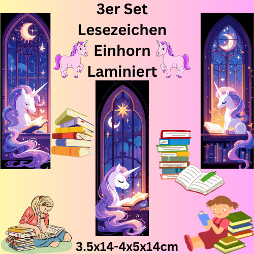 Lesezeichen 3er set einhorn - lesezeichen,